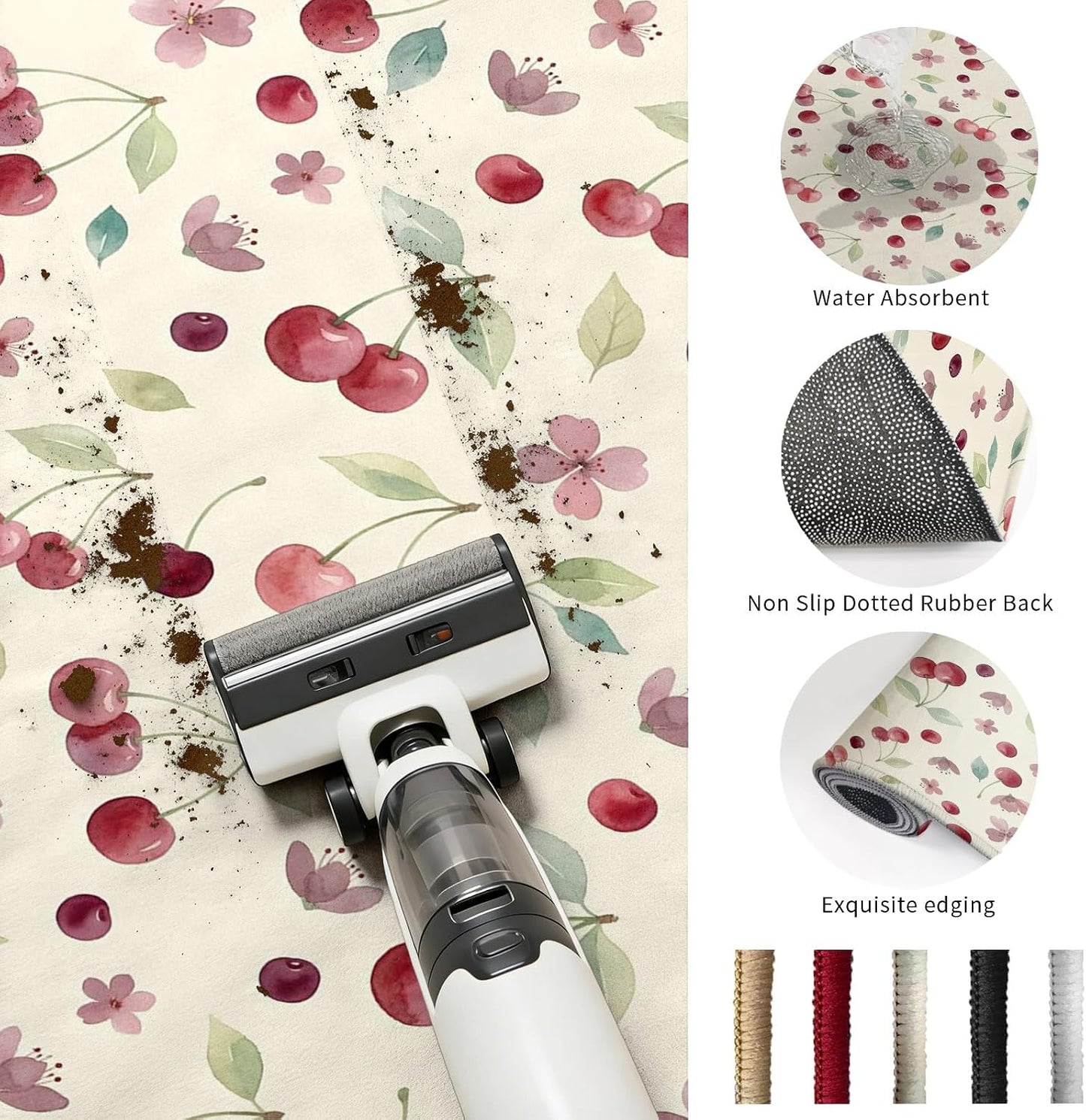 Summer Cherry Harvest Flower Area Rug 2x3,Watercolor Fruit on Light Yellow Non Slip Round Rugs for Living Room,Soft Floor Mat Washable Low Pile Carpet for Bedroom Dining Room Entryway