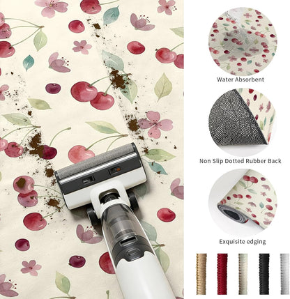 Summer Cherry Harvest Flower Area Rug 2x3,Watercolor Fruit on Light Yellow Non Slip Round Rugs for Living Room,Soft Floor Mat Washable Low Pile Carpet for Bedroom Dining Room Entryway