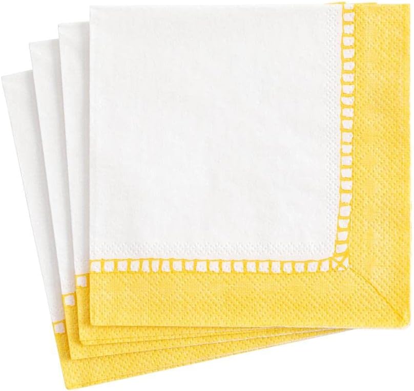 Linen Border Paper Party Cocktail Napkins in Yellow - 20 Per Package
