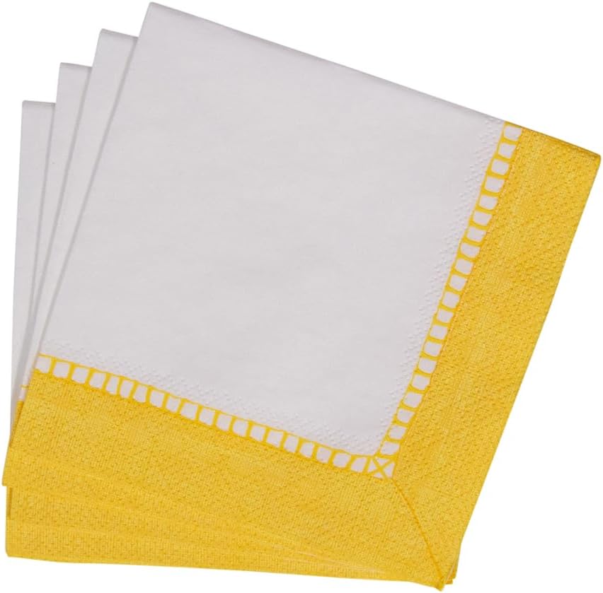 Linen Border Paper Party Cocktail Napkins in Yellow - 20 Per Package