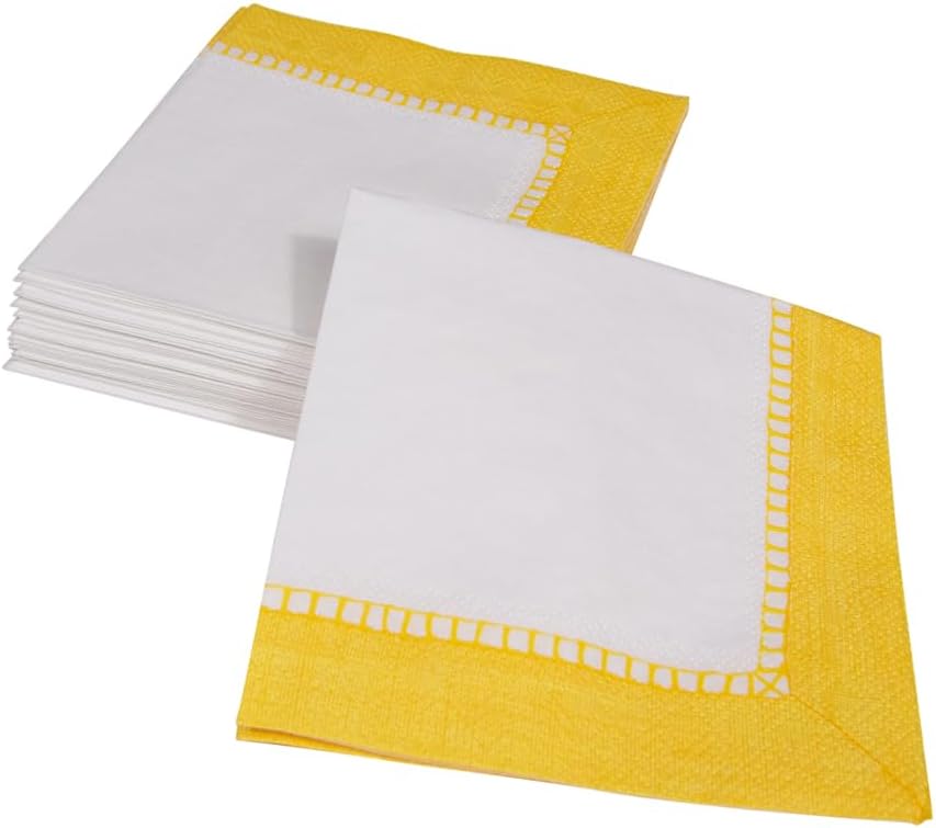 Linen Border Paper Party Cocktail Napkins in Yellow - 20 Per Package