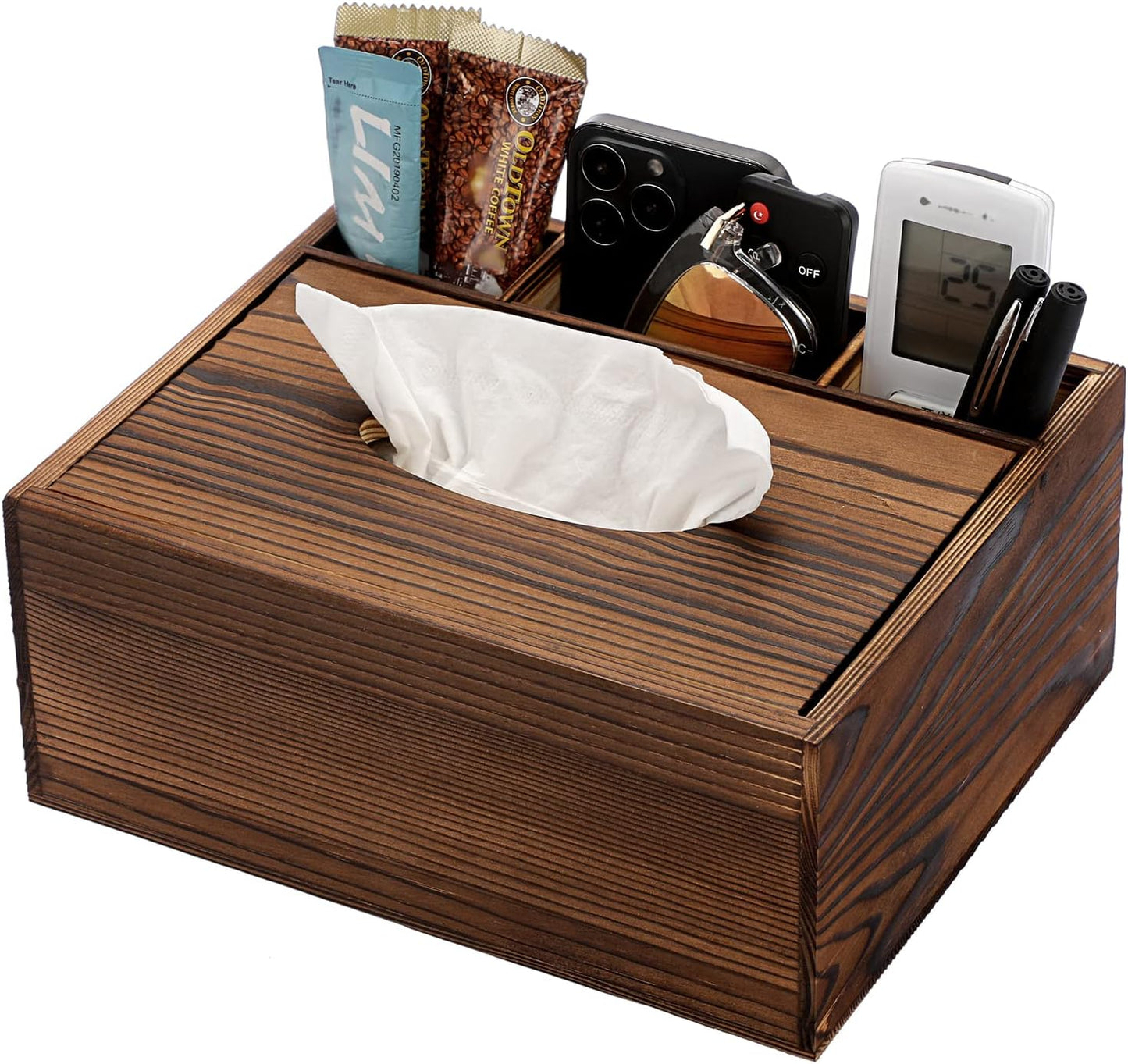 Wood Rectangular Tissue Box Cover - Multifunctional Tissue Holder with Stationery Remote Control Box, Decorative Tissue Pen Remote Organizer for Desktop Livingroom Bedroom Home Office, Yellow