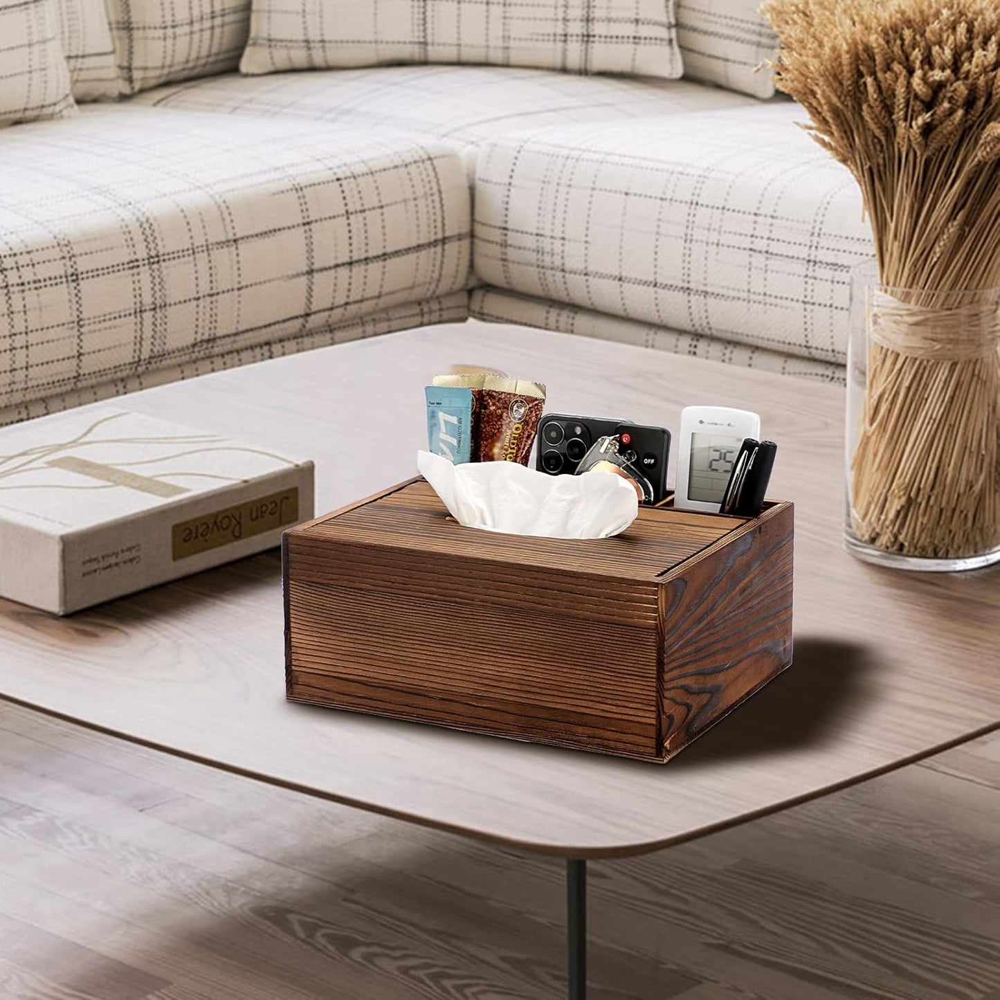Wood Rectangular Tissue Box Cover - Multifunctional Tissue Holder with Stationery Remote Control Box, Decorative Tissue Pen Remote Organizer for Desktop Livingroom Bedroom Home Office, Yellow