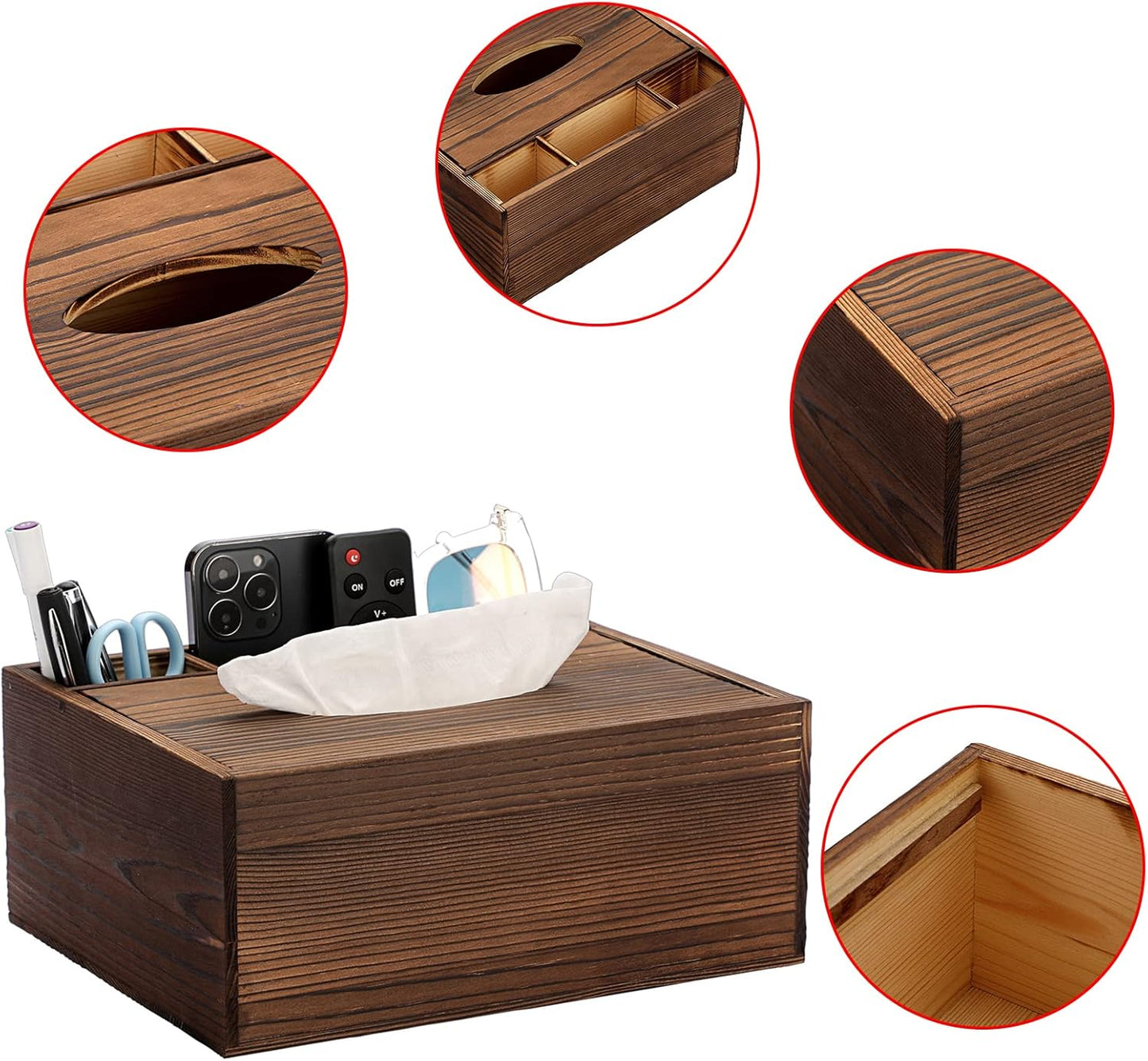 Wood Rectangular Tissue Box Cover - Multifunctional Tissue Holder with Stationery Remote Control Box, Decorative Tissue Pen Remote Organizer for Desktop Livingroom Bedroom Home Office, Yellow