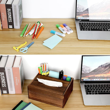 Wood Rectangular Tissue Box Cover - Multifunctional Tissue Holder with Stationery Remote Control Box, Decorative Tissue Pen Remote Organizer for Desktop Livingroom Bedroom Home Office, Yellow