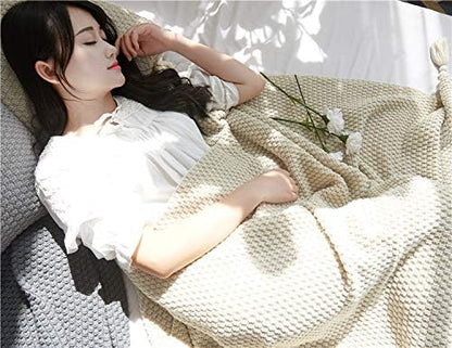 Soft Cable Knit Throw Blanket for Couch, 70.8x78.7 Inches Merino Wool Blend Chunky Knitted Blanket for Adults, Winter Warm Heavy Sofa Bed Throw, Cream Fringe Blanket(Yellow,70 * 100CM)