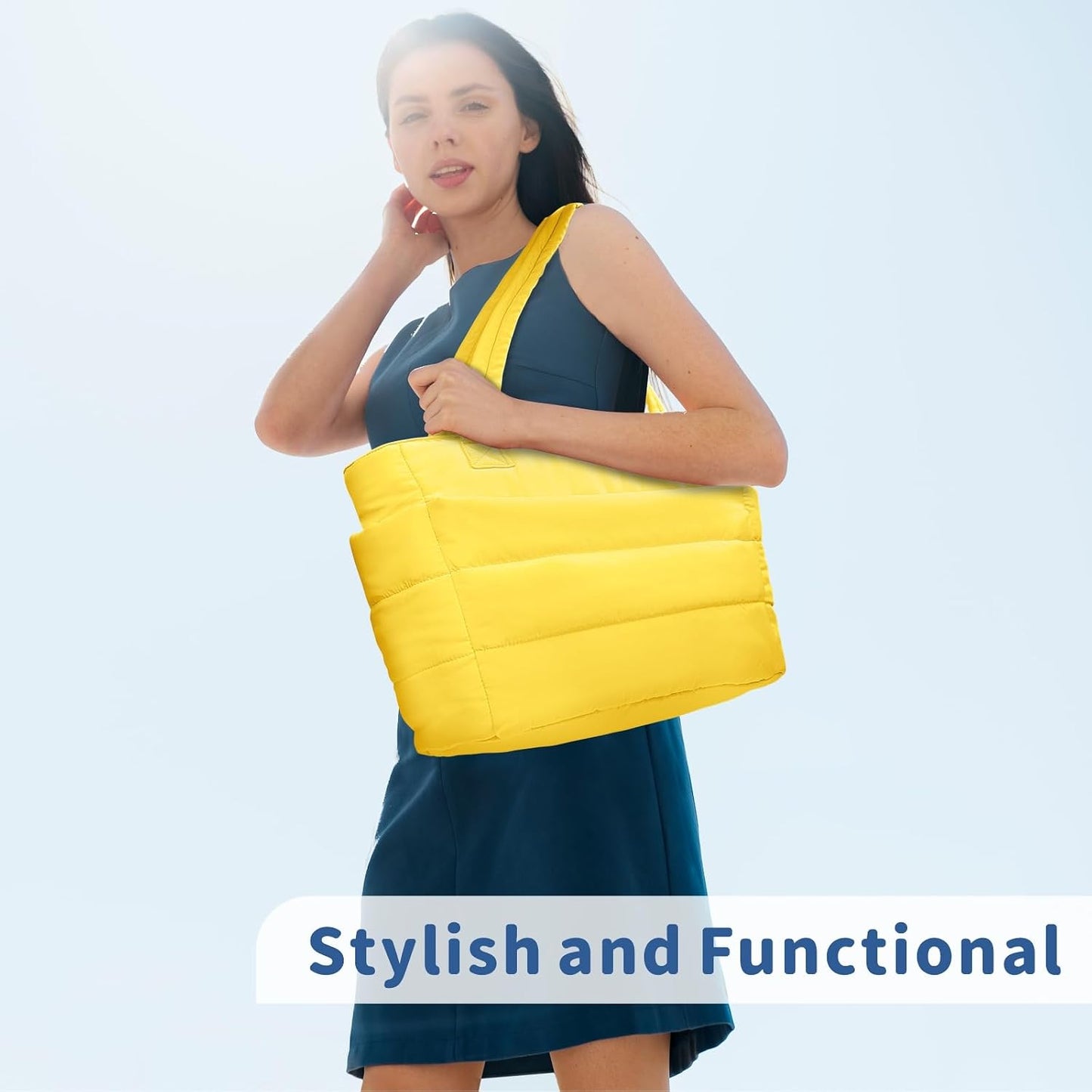 Puffer Tote Bag for Women, Lightweight Puffy Handbag with Compartments, Quilted Shoulder Bag for Work, Travel, Gym