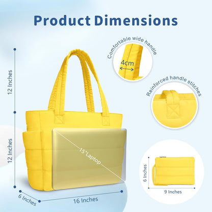Puffer Tote Bag for Women, Lightweight Puffy Handbag with Compartments, Quilted Shoulder Bag for Work, Travel, Gym
