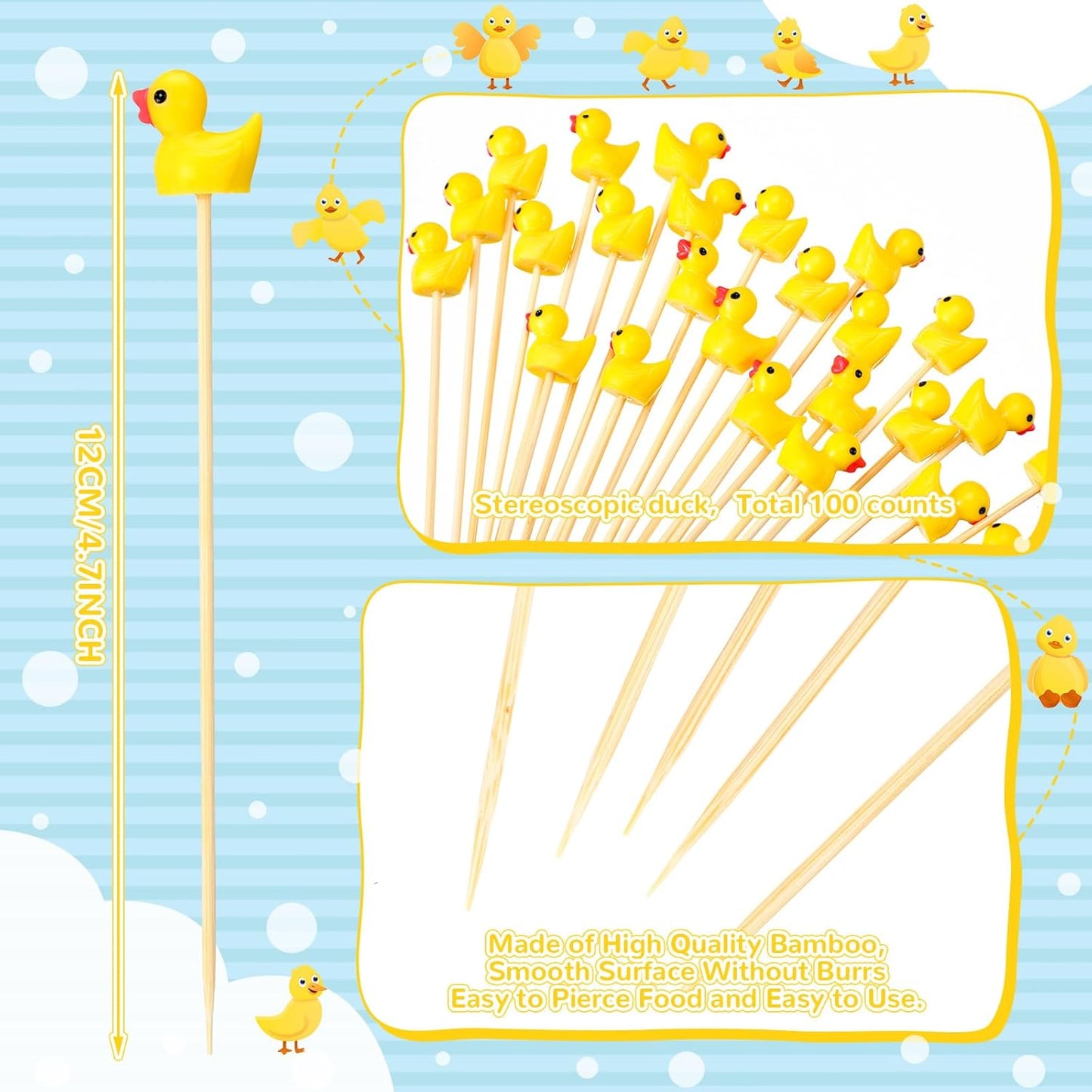 100 Pcs Cute Duck Cocktail Picks Cupcake Picks Bamboo Toothpicks Resin Duck, Fancy Toothpicks for Appetizers Cocktail Skewers Sticks for Garnish Food Fruit Drink Hawaiian Tropical Party
