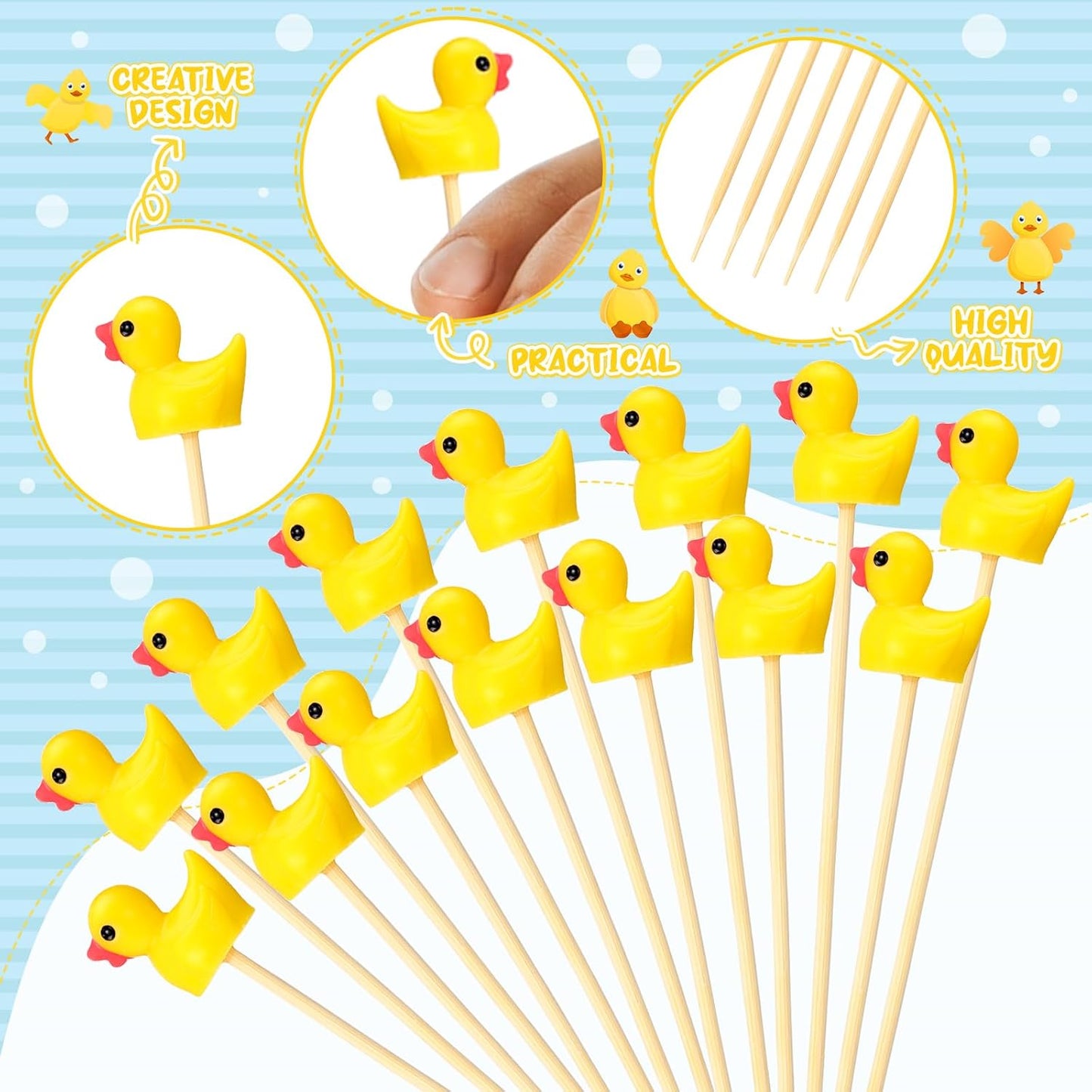 100 Pcs Cute Duck Cocktail Picks Cupcake Picks Bamboo Toothpicks Resin Duck, Fancy Toothpicks for Appetizers Cocktail Skewers Sticks for Garnish Food Fruit Drink Hawaiian Tropical Party