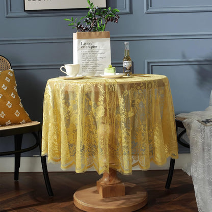 Yellow Lace Tablecloth EmbroideYellow Elegant Floral Patterns Table Cloth Round Overlay Table Cover for Wedding Party Holiday Long Dinner Home Decor(Round-60, Yellow)
