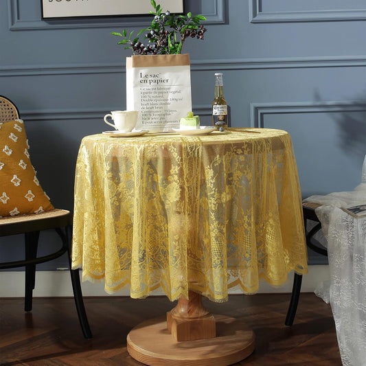 Yellow Lace Tablecloth EmbroideYellow Elegant Floral Patterns Table Cloth Round Overlay Table Cover for Wedding Party Holiday Long Dinner Home Decor(Round-60, Yellow)
