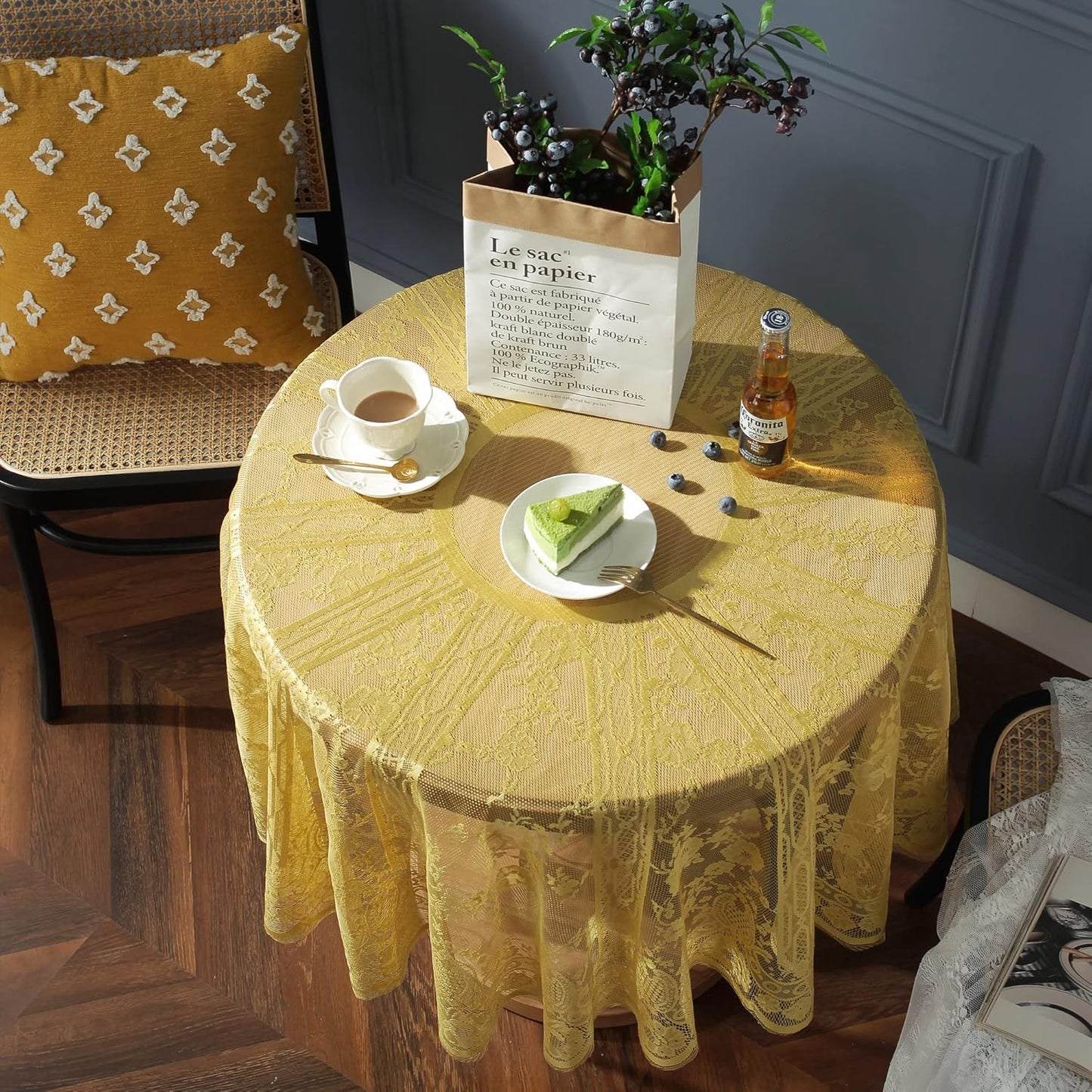 Yellow Lace Tablecloth EmbroideYellow Elegant Floral Patterns Table Cloth Round Overlay Table Cover for Wedding Party Holiday Long Dinner Home Decor(Round-60, Yellow)