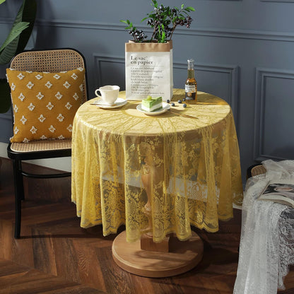Yellow Lace Tablecloth EmbroideYellow Elegant Floral Patterns Table Cloth Round Overlay Table Cover for Wedding Party Holiday Long Dinner Home Decor(Round-60, Yellow)