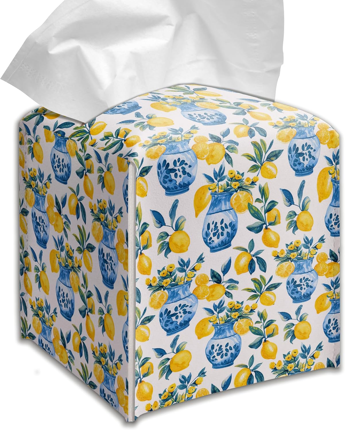 Lemon Tissue Box Cover Blue Vase Pattern Square Decorative Holder Mediterranean Kitchen Bathroom Home Decor