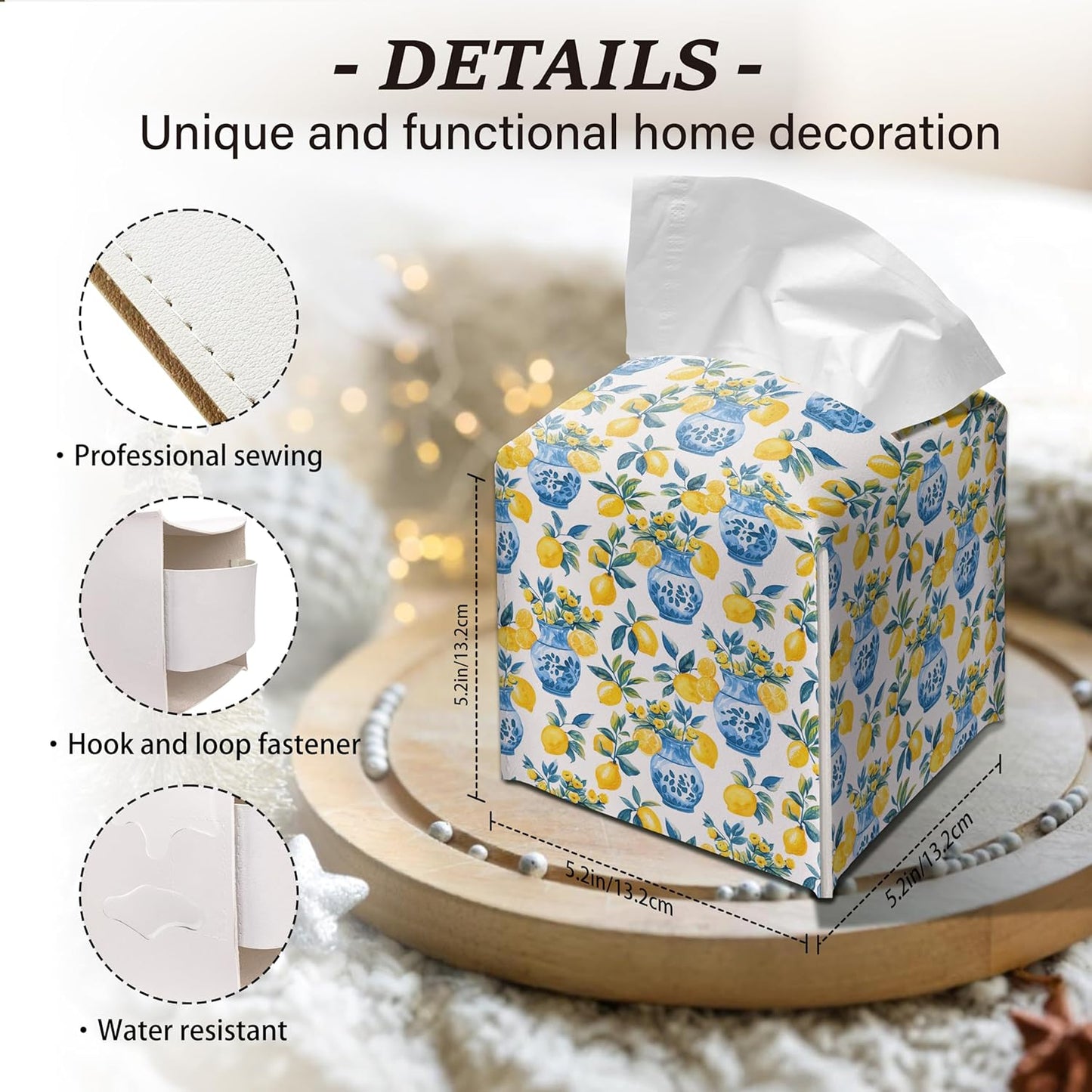 Lemon Tissue Box Cover Blue Vase Pattern Square Decorative Holder Mediterranean Kitchen Bathroom Home Decor