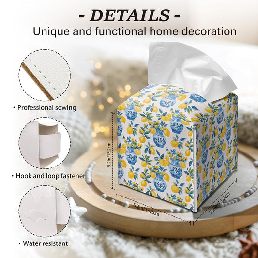 Lemon Tissue Box Cover Blue Vase Pattern Square Decorative Holder Mediterranean Kitchen Bathroom Home Decor