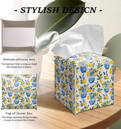 Lemon Tissue Box Cover Blue Vase Pattern Square Decorative Holder Mediterranean Kitchen Bathroom Home Decor