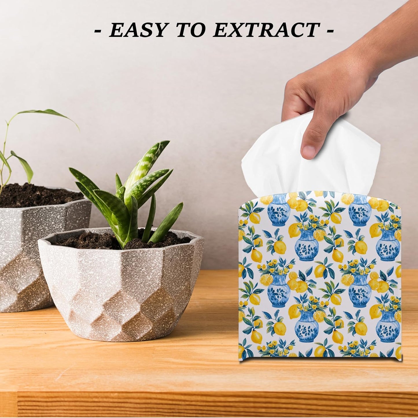Lemon Tissue Box Cover Blue Vase Pattern Square Decorative Holder Mediterranean Kitchen Bathroom Home Decor