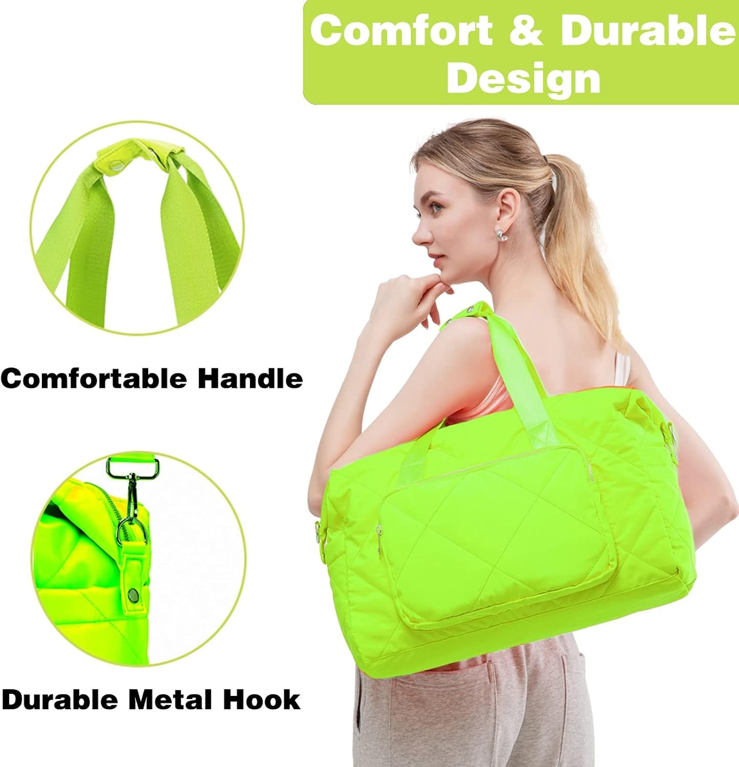 Sports Tote Gym Bag for Women, Travel Duffel Bag, Shoulder Weekender Overnight Bag for Women Girls Travel, Gym, Yoga (Fluorescent Green)