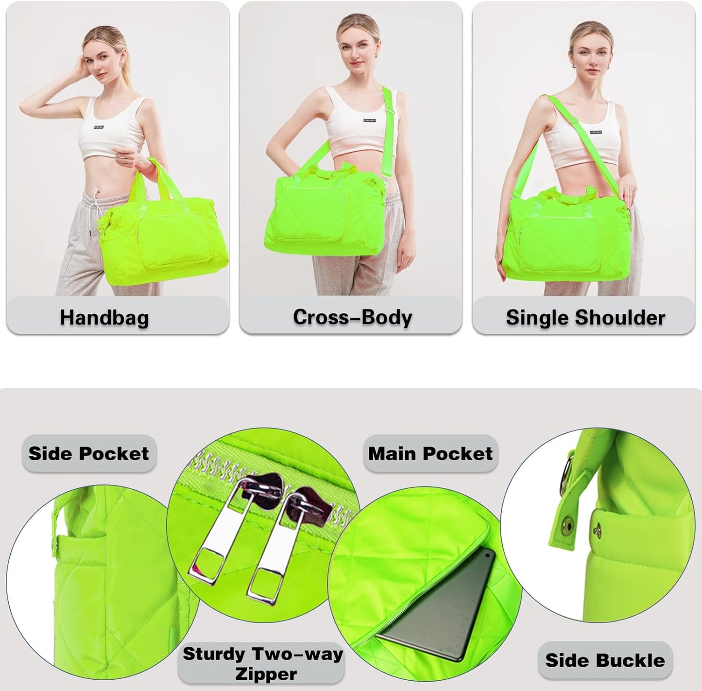 Sports Tote Gym Bag for Women, Travel Duffel Bag, Shoulder Weekender Overnight Bag for Women Girls Travel, Gym, Yoga (Fluorescent Green)
