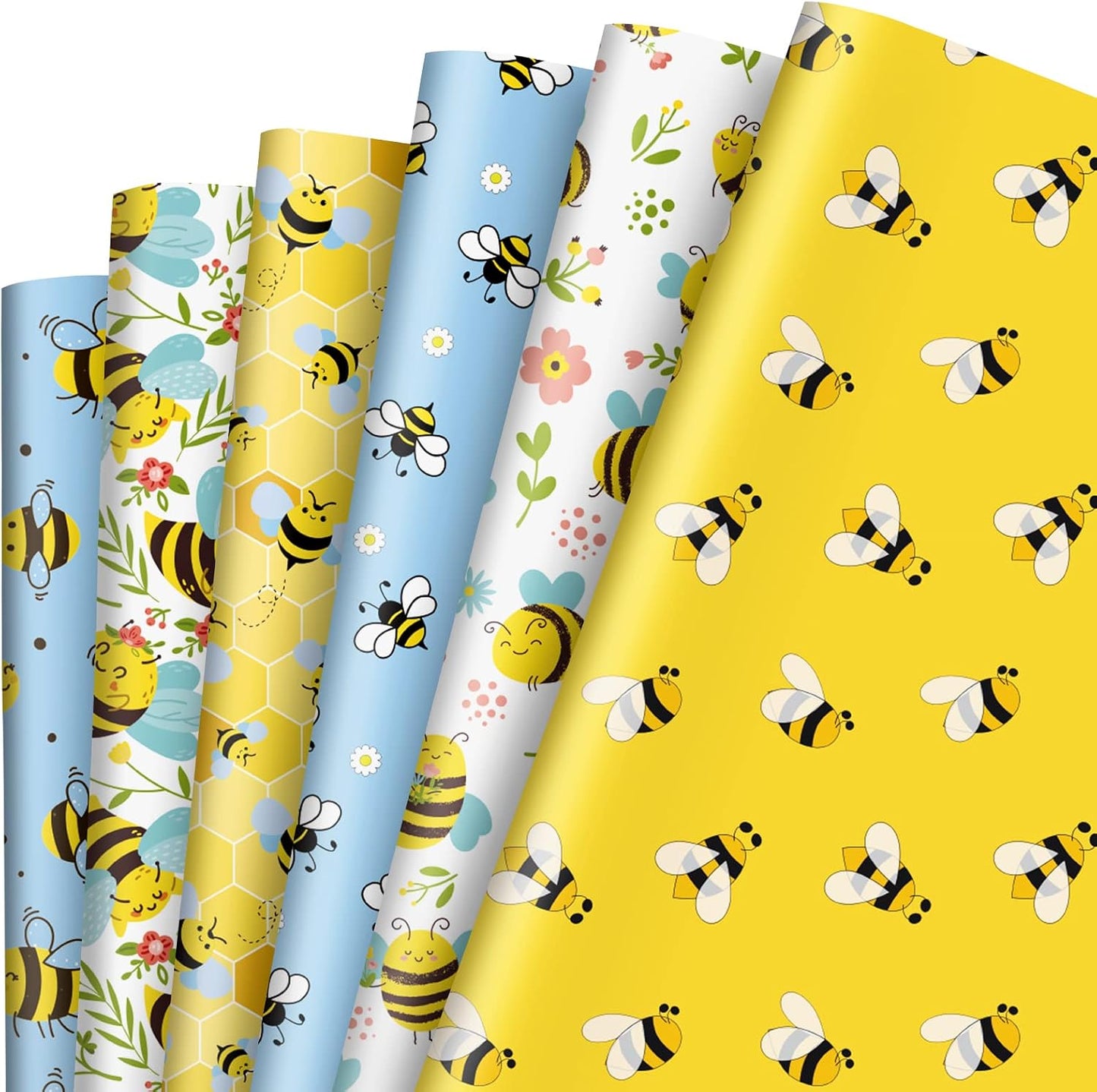 Bee Wrapping Paper 6 Style Yellow Blue Floral Bee Wrapping Paper Folded Flat Spring Summer Art Paper 19.7 x 27.6 In for Birthday Bridal Baby Shower Wedding DIY Crafts Gift
