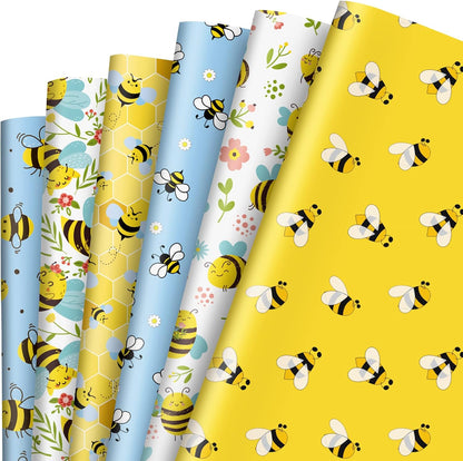 Bee Wrapping Paper 6 Style Yellow Blue Floral Bee Wrapping Paper Folded Flat Spring Summer Art Paper 19.7 x 27.6 In for Birthday Bridal Baby Shower Wedding DIY Crafts Gift
