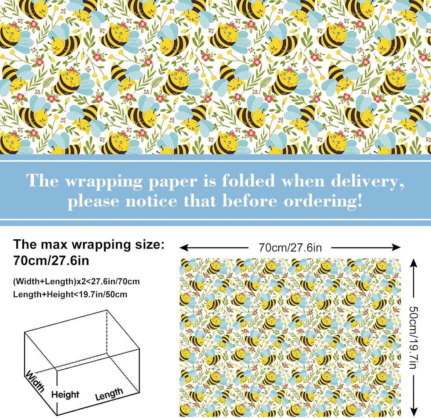 Bee Wrapping Paper 6 Style Yellow Blue Floral Bee Wrapping Paper Folded Flat Spring Summer Art Paper 19.7 x 27.6 In for Birthday Bridal Baby Shower Wedding DIY Crafts Gift
