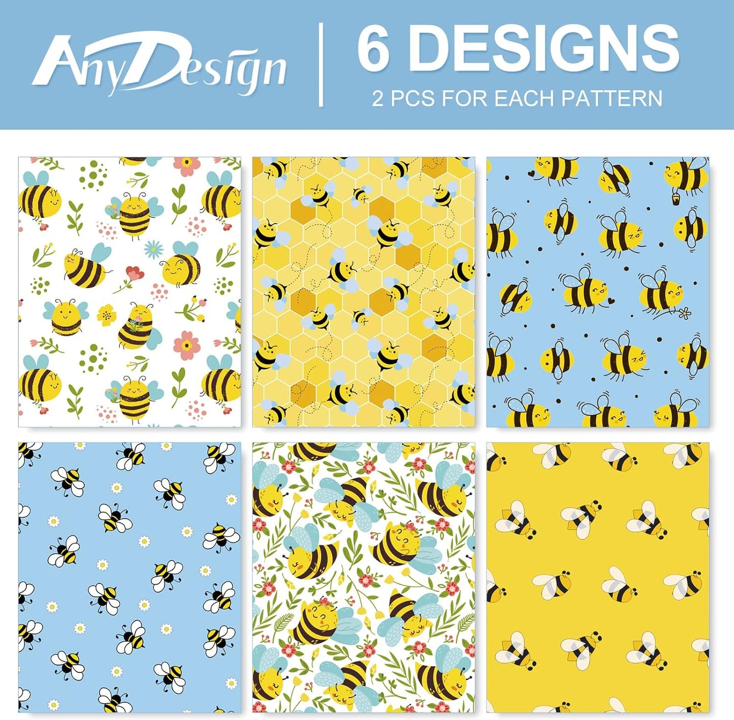 Bee Wrapping Paper 6 Style Yellow Blue Floral Bee Wrapping Paper Folded Flat Spring Summer Art Paper 19.7 x 27.6 In for Birthday Bridal Baby Shower Wedding DIY Crafts Gift
