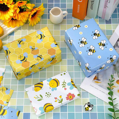 Bee Wrapping Paper 6 Style Yellow Blue Floral Bee Wrapping Paper Folded Flat Spring Summer Art Paper 19.7 x 27.6 In for Birthday Bridal Baby Shower Wedding DIY Crafts Gift