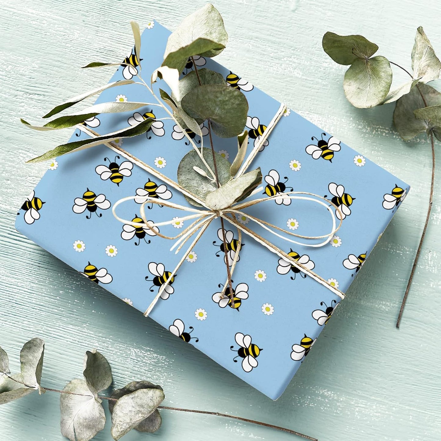 Bee Wrapping Paper 6 Style Yellow Blue Floral Bee Wrapping Paper Folded Flat Spring Summer Art Paper 19.7 x 27.6 In for Birthday Bridal Baby Shower Wedding DIY Crafts Gift
