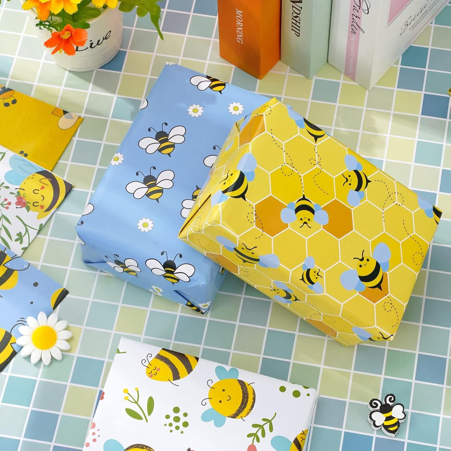 Bee Wrapping Paper 6 Style Yellow Blue Floral Bee Wrapping Paper Folded Flat Spring Summer Art Paper 19.7 x 27.6 In for Birthday Bridal Baby Shower Wedding DIY Crafts Gift