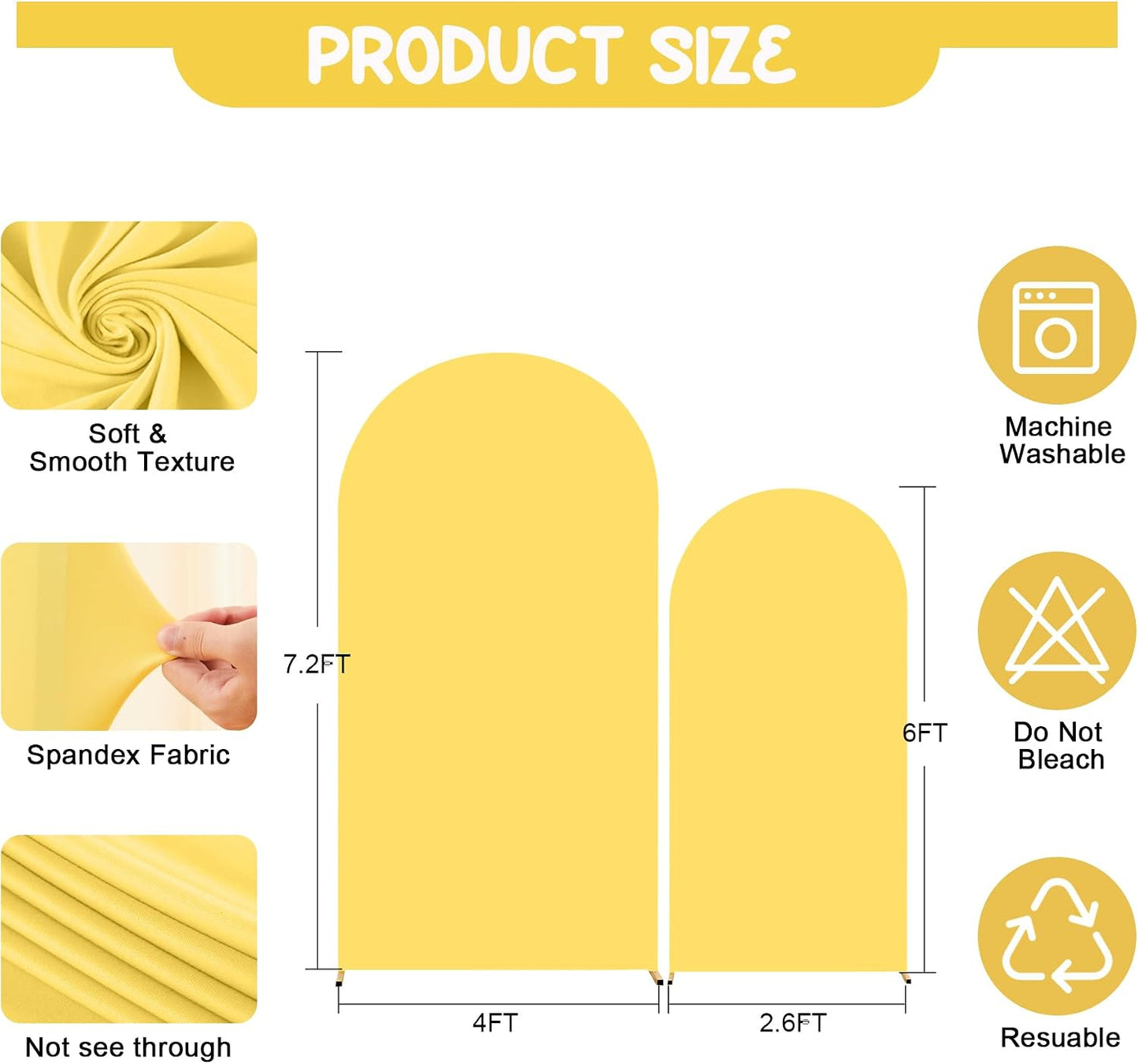 Yellow Arch Backdrop Covers - 7.2FT, 6FT Spandex Fitted Wedding Arch Stand Covers Round Top Chiara Arch Backdrop Cover for Wedding Birthday Party Decoration