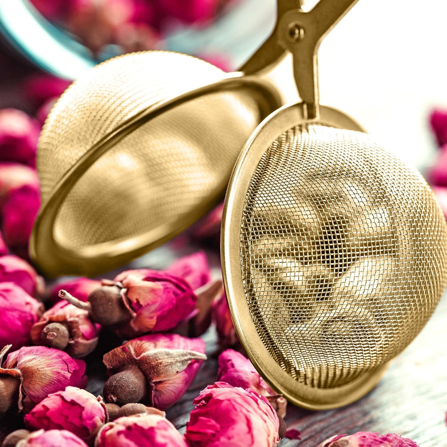 Kitchen Gold Mesh Snap Tea Ball Infuser, Gold-Toned Titanium-Coated Stainless Steel, For Loose Tea or Mulling Spices