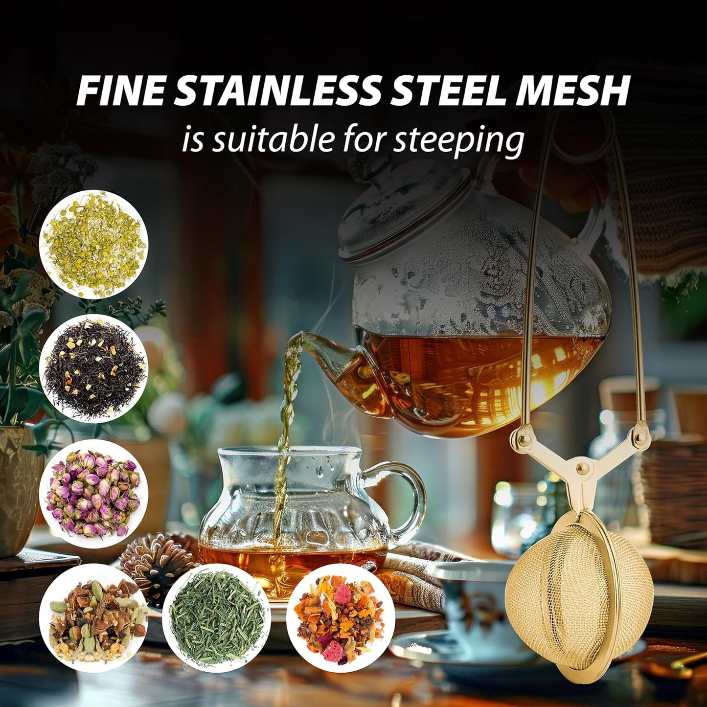 Kitchen Gold Mesh Snap Tea Ball Infuser, Gold-Toned Titanium-Coated Stainless Steel, For Loose Tea or Mulling Spices
