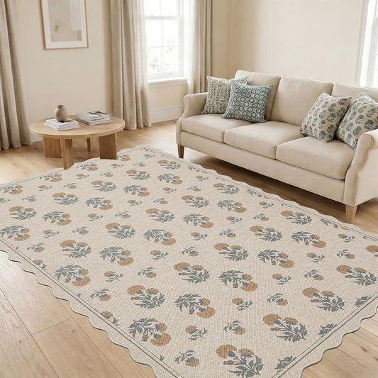 Scalloped Easy Jute 5x7 Area Rug Vintage Yellow Floral Farmhouse Washable Rug Non-Slip Indoor Outdoor Carpet for Living Room Bedroom Patio Entryway