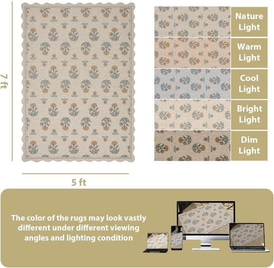 Scalloped Easy Jute 5x7 Area Rug Vintage Yellow Floral Farmhouse Washable Rug Non-Slip Indoor Outdoor Carpet for Living Room Bedroom Patio Entryway