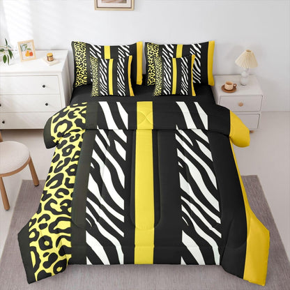 Leopard Zebra Print Comforter Set with Sheets 7 Piece Full Size Zebra Leopard Stripes Block Pattern Bedding Set for Kids Boys Girls Yellow Black Bed in a Bag Room Decor Soft Lightweight