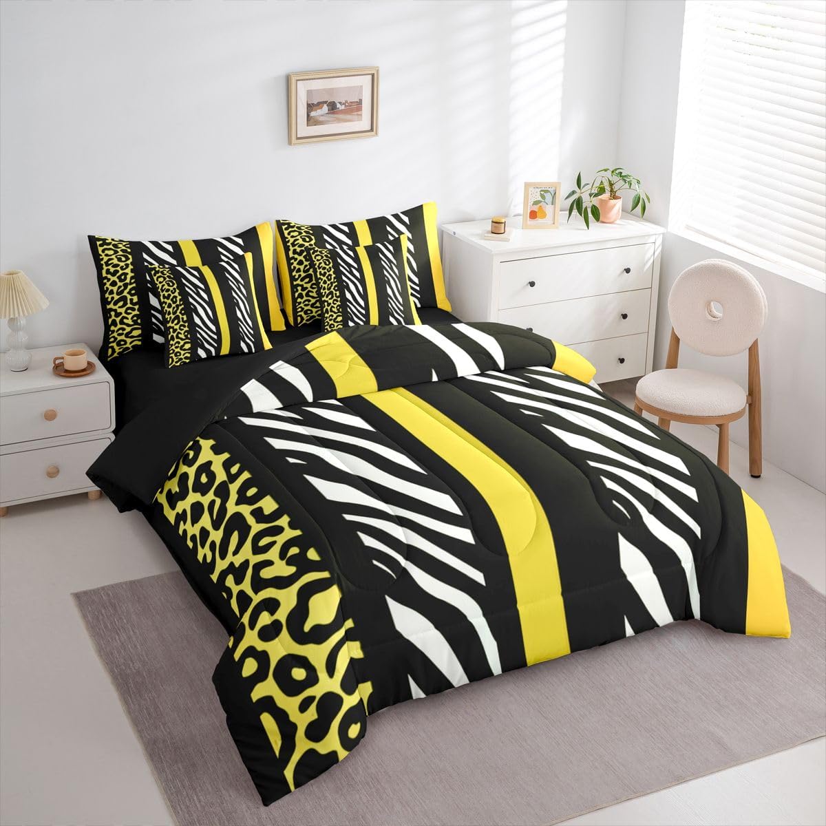 Leopard Zebra Print Comforter Set with Sheets 7 Piece Full Size Zebra Leopard Stripes Block Pattern Bedding Set for Kids Boys Girls Yellow Black Bed in a Bag Room Decor Soft Lightweight