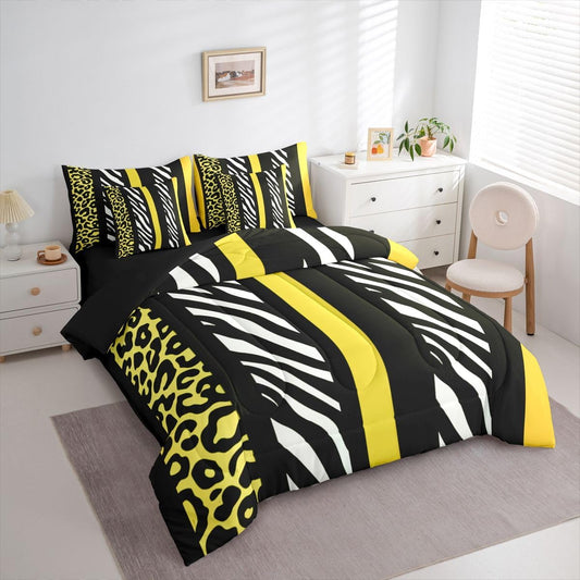 Leopard Zebra Print Comforter Set with Sheets 7 Piece Full Size Zebra Leopard Stripes Block Pattern Bedding Set for Kids Boys Girls Yellow Black Bed in a Bag Room Decor Soft Lightweight