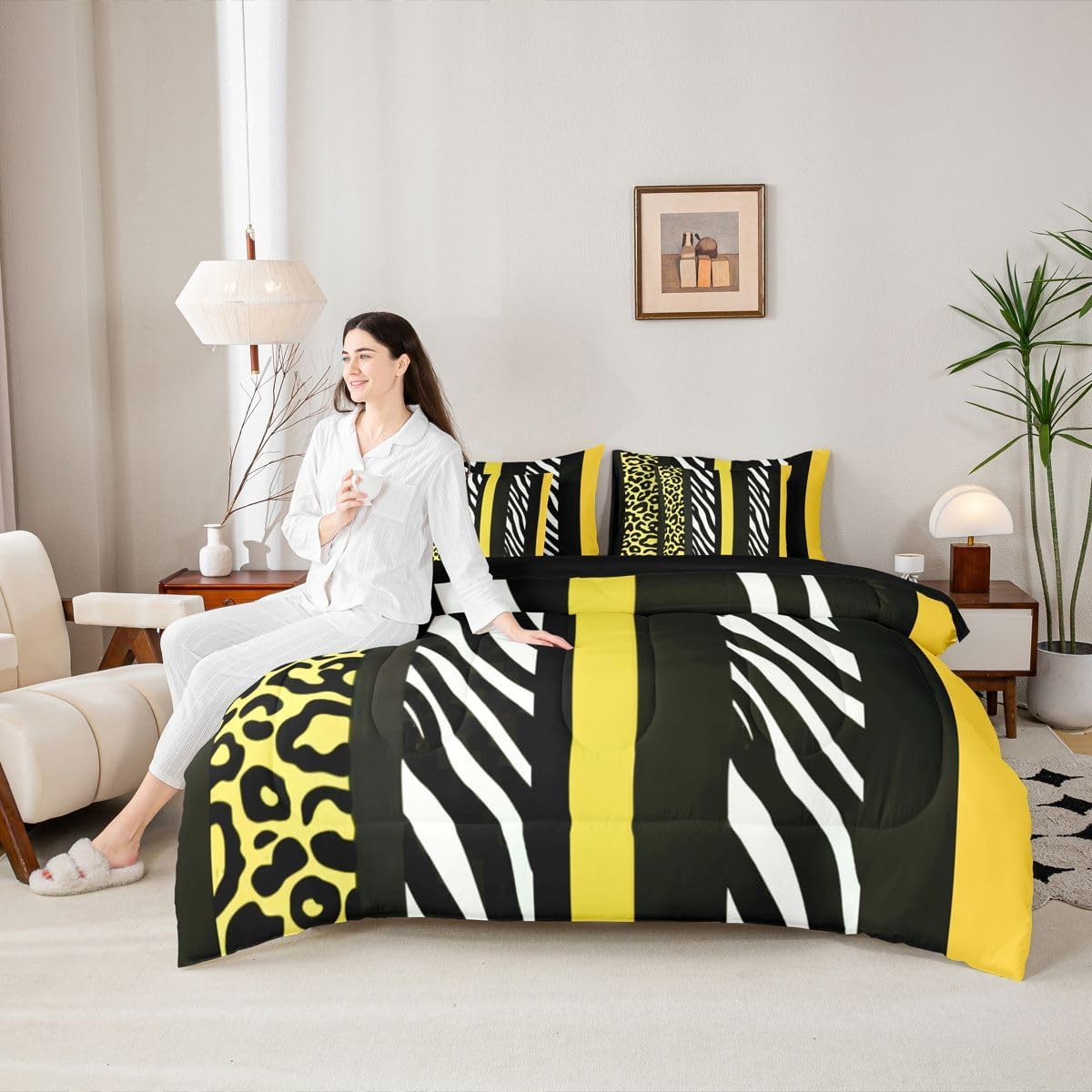 Leopard Zebra Print Comforter Set with Sheets 7 Piece Full Size Zebra Leopard Stripes Block Pattern Bedding Set for Kids Boys Girls Yellow Black Bed in a Bag Room Decor Soft Lightweight