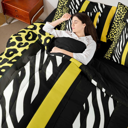 Leopard Zebra Print Comforter Set with Sheets 7 Piece Full Size Zebra Leopard Stripes Block Pattern Bedding Set for Kids Boys Girls Yellow Black Bed in a Bag Room Decor Soft Lightweight