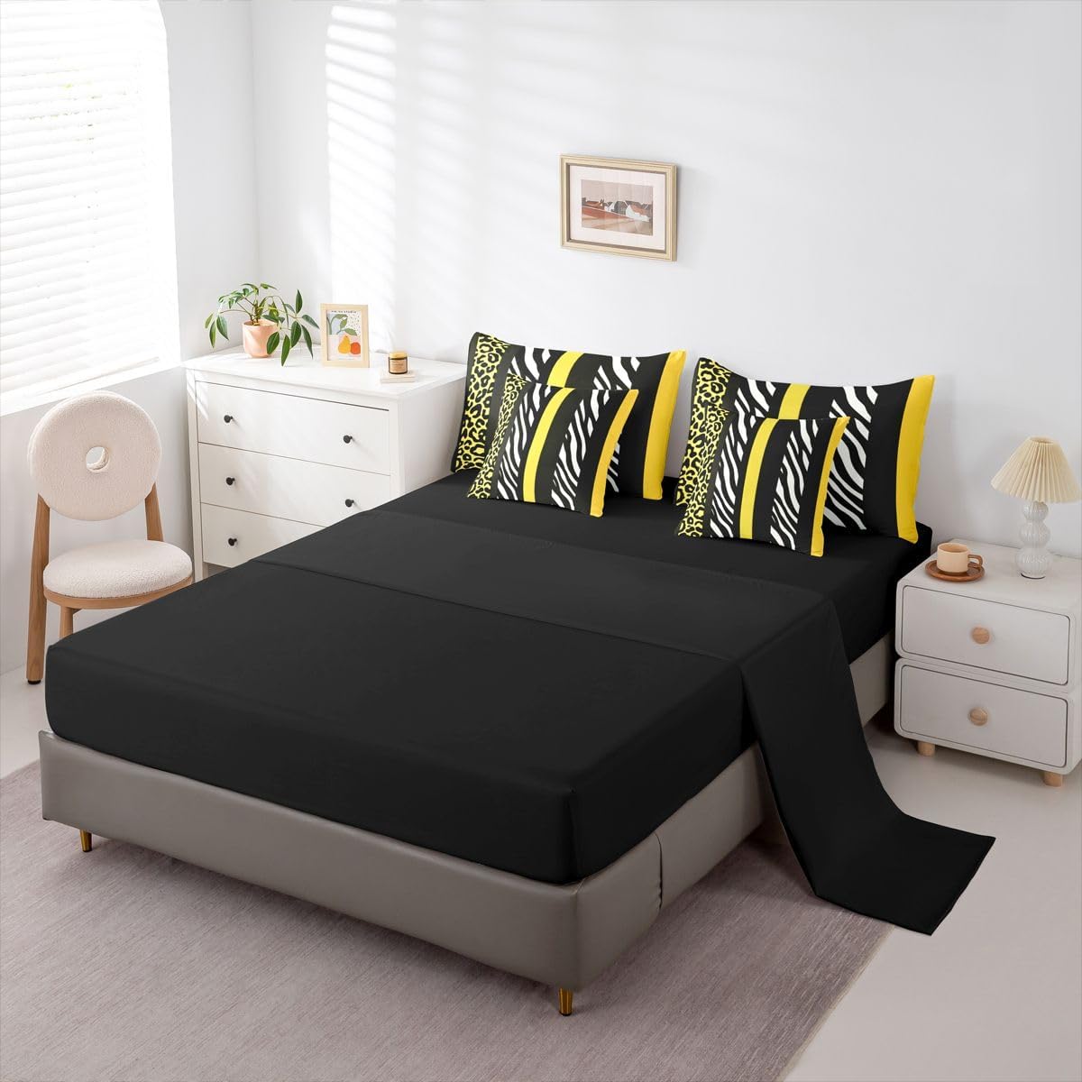 Leopard Zebra Print Comforter Set with Sheets 7 Piece Full Size Zebra Leopard Stripes Block Pattern Bedding Set for Kids Boys Girls Yellow Black Bed in a Bag Room Decor Soft Lightweight
