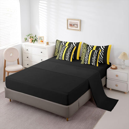 Leopard Zebra Print Comforter Set with Sheets 7 Piece Full Size Zebra Leopard Stripes Block Pattern Bedding Set for Kids Boys Girls Yellow Black Bed in a Bag Room Decor Soft Lightweight