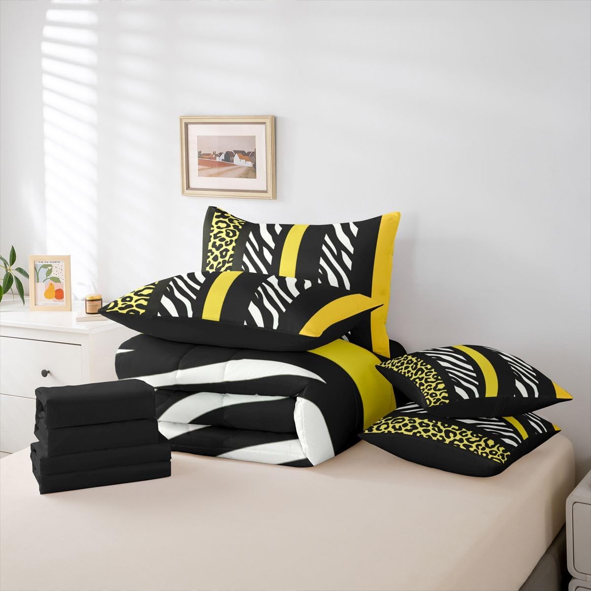 Leopard Zebra Print Comforter Set with Sheets 7 Piece Full Size Zebra Leopard Stripes Block Pattern Bedding Set for Kids Boys Girls Yellow Black Bed in a Bag Room Decor Soft Lightweight