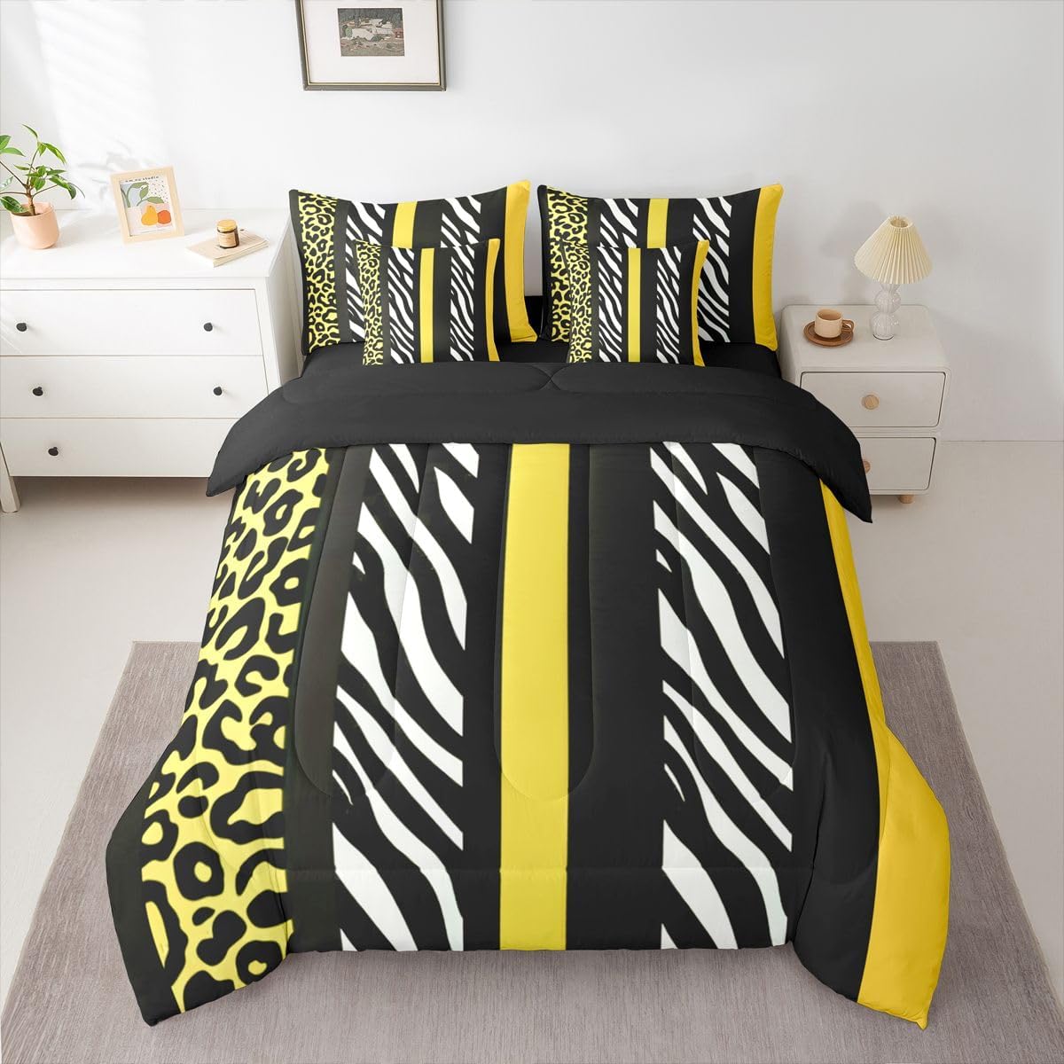 Leopard Zebra Print Comforter Set with Sheets 7 Piece Full Size Zebra Leopard Stripes Block Pattern Bedding Set for Kids Boys Girls Yellow Black Bed in a Bag Room Decor Soft Lightweight