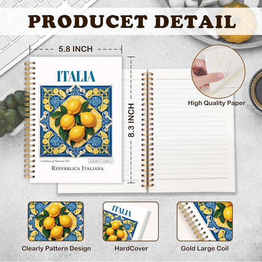ITALIA Lemon Tile Notebook, Vintage Mediterranean Italy Travel Journal for Women, Amalfi Coast Positano Spiral Notebook Journals for Work School Office Supplies, 5.5x8.3 Inch