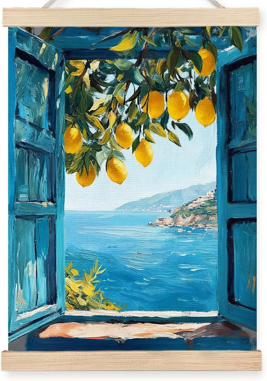 Coastal Mediterranean Lemon Wall Decor, Italian Lemon Wall Art, Mediterranean Coast Window Landscape Canvas Prints Posters Hanging Decor for Home Kitchen Living Room, 12x16 Inch