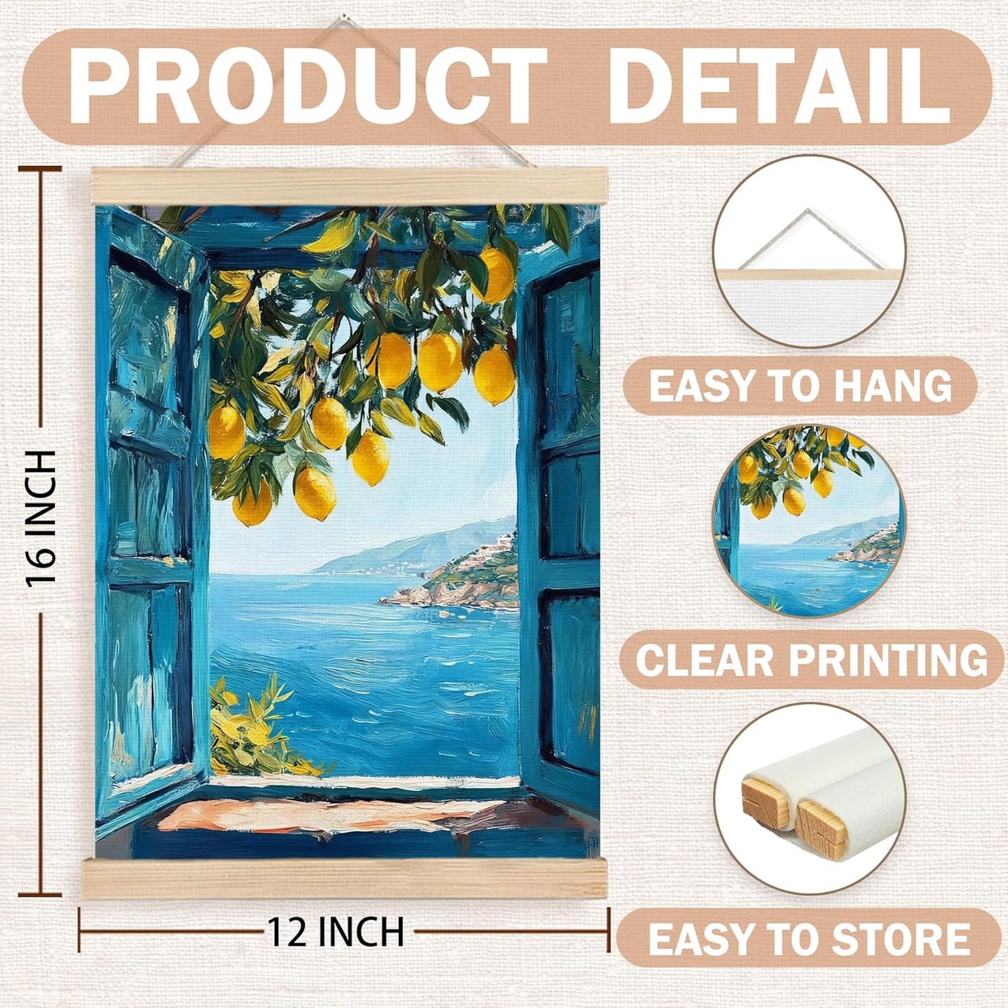 Coastal Mediterranean Lemon Wall Decor, Italian Lemon Wall Art, Mediterranean Coast Window Landscape Canvas Prints Posters Hanging Decor for Home Kitchen Living Room, 12x16 Inch