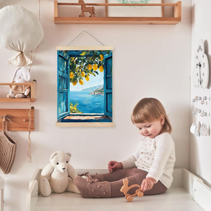 Coastal Mediterranean Lemon Wall Decor, Italian Lemon Wall Art, Mediterranean Coast Window Landscape Canvas Prints Posters Hanging Decor for Home Kitchen Living Room, 12x16 Inch